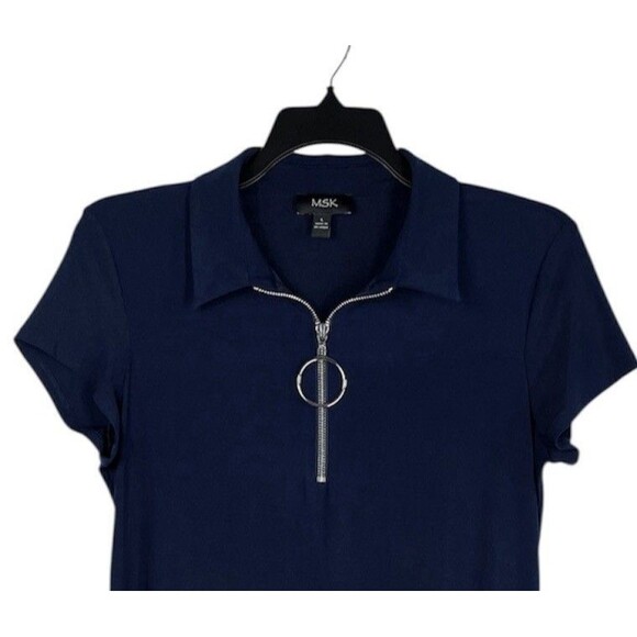 MSK O-Ring Collared Shift Dress Women's Size Large Navy Blue Stretch Casual - Picture 5 of 8